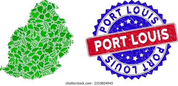 Ecology Mauritius Island map collage of herbal leaves in green color hues with grunge bicolor Port Louis stamp. Red and blue bicolored badge with grunge surface and Port Louis caption.