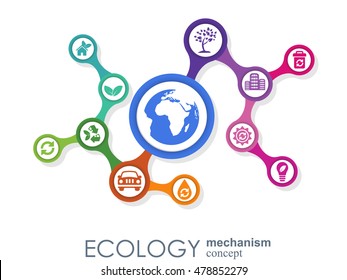 Ecology mechanism concept. Abstract background with connected gears and icons for eco friendly, energy, environment, green, recycle, bio and global concepts. Vector infographic illustration.