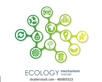 Ecology mechanism concept. Abstract background with connected gears and icons for eco friendly, energy, environment, green, recycle, bio and global concepts. Vector infographic illustration.