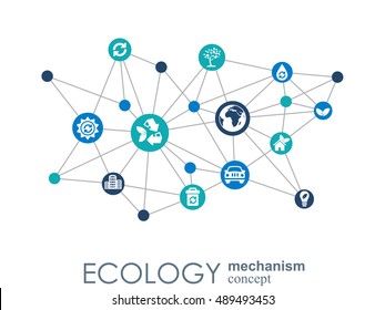 Ecology mechanism concept. Abstract background with connected gears and icons for eco friendly, energy, environment, green, recycle, bio and global concepts. Vector infographic illustration.