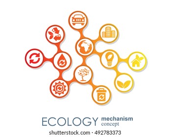 Ecology mechanism concept. Abstract background with connected gears and icons for eco friendly, energy, environment, green, recycle, bio and global concepts. Vector infographic illustration.