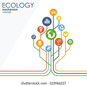 Ecology mechanism concept. Abstract background with connected gears and icons for eco friendly, energy, environment, green, recycle, bio and global concepts. Vector infographic illustration.