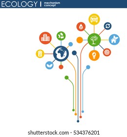 Ecology mechanism concept. Abstract background with connected gears and icons for eco friendly, energy, environment, green, recycle, bio and global concepts. Vector infographic illustration.