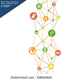 Ecology mechanism concept. Abstract background with connected gears and icons for eco friendly, energy, environment, green, recycle, bio and global concepts. Vector infographic illustration.