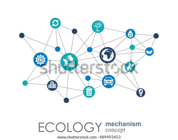 Ecology mechanism concept. Abstract\
background with connected gears and icons for eco friendly, energy,\
environment, green, recycle, bio and global concepts. Vector\
infographic\
illustration.