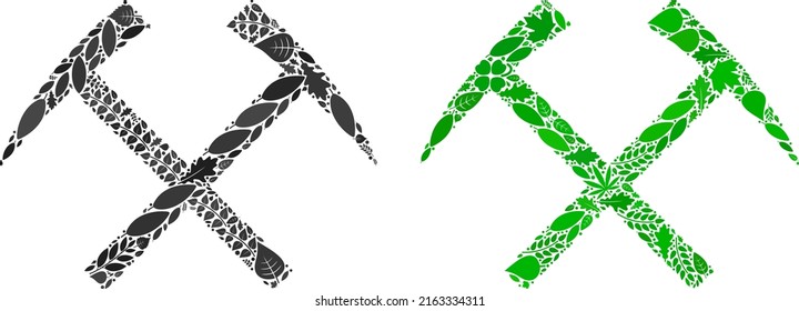 Ecology mining hammers icon mosaic of herbal leaves in green and natural color hues. Ecological environment vector concept for mining hammers icon.