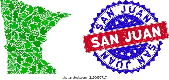 Ecology Minnesota State map composition of herbal leaves in green color variations with grunge bicolor San Juan stamp. Red and blue bicolored imprint with grunge style and San Juan word.