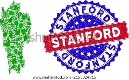 Ecology Mizoram State map composition of herbal leaves in green color shades with grunge bicolor Stanford stamp. Red and blue bicolored stamp with grunge texture and Stanford text.