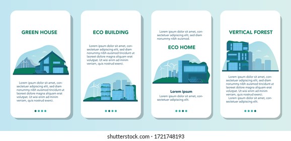 Ecology mobile application banner set. Eco-friendly house building with vertical forest and green roof. Alternative energy and green tree for good environment in the city. Vector illustration