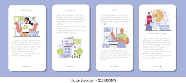 Ecology mobile application banner set. Alternative energy and green electricity for good environment in the city. House building with solar battery roof and wind farm. Flat vector illustration