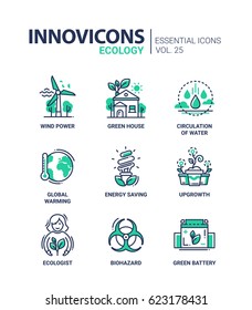 Ecology - modern color vector single line icon set. Wind power, green house, circulation of water, global warming, energy saving, upgrowth, ecologist, biohazard, battery