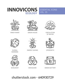 Ecology - modern color vector single line icon set. Wind power, green house, circulation of water, global warming, energy saving, upgrowth, ecologist, biohazard, battery