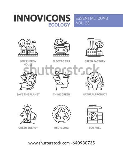 Ecology - modern color vector single line icons set. Low energy house, electro car, green factory, save the planet, think green, natural product, recycle, eco fuel