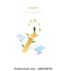 Ecology - Modern Colorful Isometric Vector Web Banner On White Background With Copy Space For Text. A Composition With A Man, Solar Panels, Trees, Recycling, Energy Saving Symbols. Ecology Concept