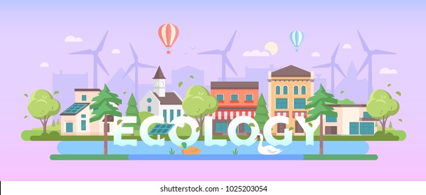 Ecology - modern flat design style vector illustration on purple background. A composition with nice buildings, cafes, church, trees, solar panels, windmills, pond with a duck and a swan