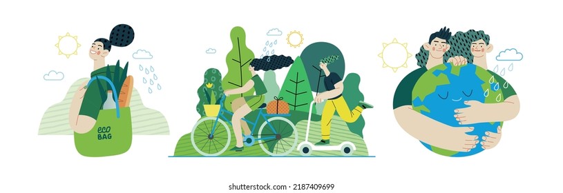 Ecología - Ilustración moderna del concepto vectorial plano sobre el pensamiento positivo verde. Bolsa ecológica, transporte sostenible, Salven el planeta. Conjunto de ilustraciones de la página web de aterrizaje creativo