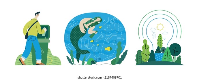 Ecología - Ilustración moderna del concepto vectorial plano sobre el pensamiento positivo verde. Ordenación de desechos, contaminación de plástico oceánico, Energía verde. Conjunto de ilustraciones de la página web de aterrizaje creativo