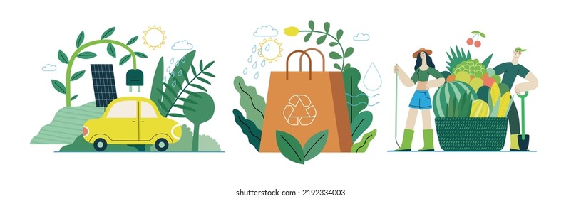 Ecología - Ilustración moderna del concepto vectorial plano sobre el pensamiento positivo verde. Ordenación de residuos, Reciclaje, Energía Verde, Salvar el planeta, Bioagricultura. Conjunto de ilustraciones de la página web de aterrizaje creativo