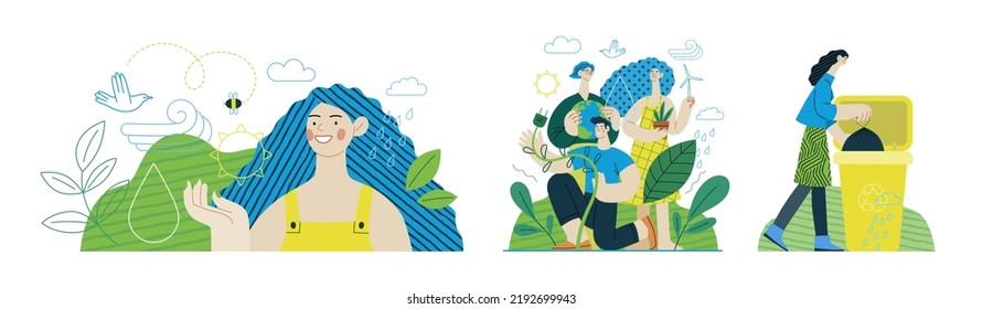 Ecología - Ilustración moderna del concepto vectorial plano sobre el pensamiento positivo verde. Ordenación de residuos, Reciclaje, Energía Verde, Salvar el planeta, Bioagricultura. Conjunto de ilustraciones de la página web de aterrizaje creativo