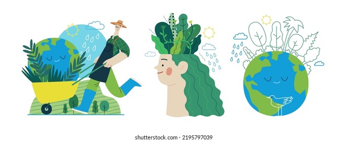 Ecology - Modern flat vector concept illustration on green positive thinking. Waste sorting, Recycling, Green energy, Save the planet, bio farming. Creative landing web page illustrations set