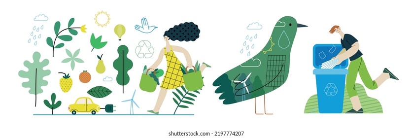 Ecología - Ilustración moderna del concepto vectorial plano sobre el pensamiento positivo verde. Ordenación de residuos, Reciclaje, Energía Verde, Salvar el planeta, Bioagricultura. Conjunto de ilustraciones de la página web de aterrizaje creativo