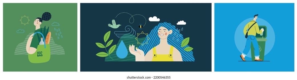 Ecología - Ilustración moderna del concepto vectorial plano sobre el pensamiento positivo verde. Ordenación de residuos, Reciclaje, Energía Verde, Salvar el planeta, Bioagricultura. Conjunto de ilustraciones de la página web de aterrizaje creativo