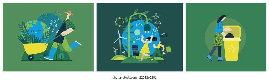 Ecology - Modern flat vector concept illustration on green positive thinking. Waste sorting, Recycling, Green energy, Save the planet, bio farming. Creative landing web page illustrations set