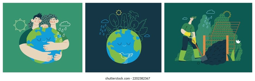 Ecología - Ilustración moderna del concepto vectorial plano sobre el pensamiento positivo verde. Ordenación de residuos, Reciclaje, Energía Verde, Salvar el planeta, Bioagricultura. Conjunto de ilustraciones de la página web de aterrizaje creativo