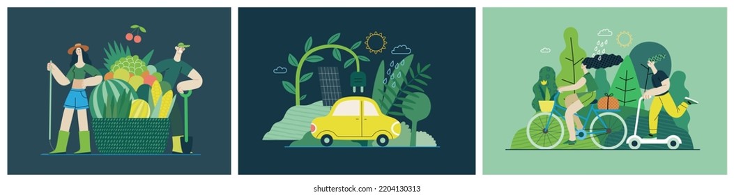 Ecología - Ilustración moderna del concepto vectorial plano sobre el pensamiento positivo verde. Ordenación de residuos, Reciclaje, Energía Verde, Salvar el planeta, Bioagricultura. Conjunto de ilustraciones de la página web de aterrizaje creativo