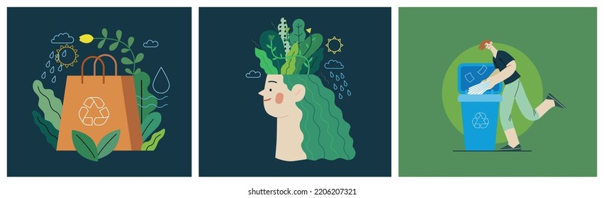 Ecología - Ilustración moderna del concepto vectorial plano sobre el pensamiento positivo verde. Ordenación de residuos, Reciclaje, Energía Verde, Salvar el planeta, Bioagricultura. Conjunto de ilustraciones de la página web de aterrizaje creativo