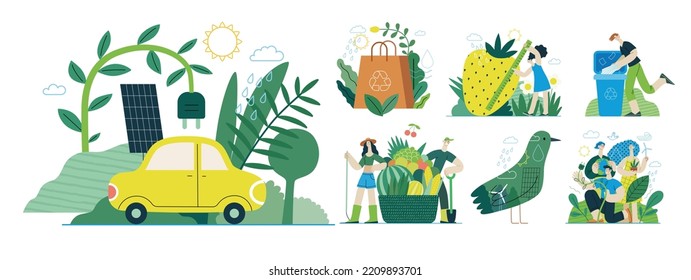 Ecología - Ilustración moderna del concepto vectorial plano sobre el pensamiento positivo verde. Ordenación de residuos, Reciclaje, Energía Verde, Salvar el planeta, Bioagricultura. Conjunto de ilustraciones de la página web de aterrizaje creativo