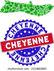 Ecology Molokai Island map composition of floral leaves in green color shades and grunge bicolor Cheyenne stamp. Red and blue bicolored stamp with grunge surface and Cheyenne caption.