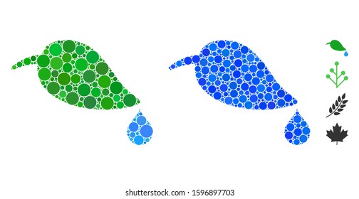 Ecology mosaic of filled circles in variable sizes and color hues, based on ecology icon. Vector random circles are combined into blue mosaic. Dotted ecology icon in usual and blue versions.