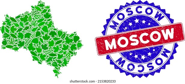 Ecology Moscow Oblast map collage of herbal leaves in green color tinges and grunge bicolor Moscow stamp. Red and blue bicolored seal with grunge texture and Moscow word.