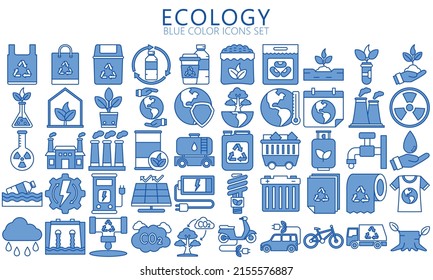 Ecology and Nature blue color Icons set. Contains such as Environment, Eco, Green Energy, Alternative Power, Bio Fuel, Recycle, Green Mindset, Water Drop and more. vector eps 10 ready convert to SVG