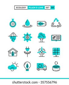 Ecology, nature, clean energy, recycling and more. Plain and line icons set, flat design, vector illustration