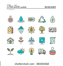 Ecology, nature, clean energy, recycling and more, thin line color icons set, vector illustration