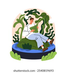 Ecology and nature concept. Eco-friendly character among leaf plants and water. Sustainable environment protection. Green conscious living. Flat vector illustration isolated on white background