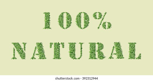 Ecology nature design. The text "100% Natural " is made of grass. Environmental concept for advertisement, banners, cards . Vector illustration.