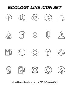 Ecología, naturaleza, concepto ecológico. Símbolos de esquema dibujados con línea delgada. Icono de línea de vector conjunto de árboles, reciclar, soltar, bosque, basura, sol, energía solar, planeta 