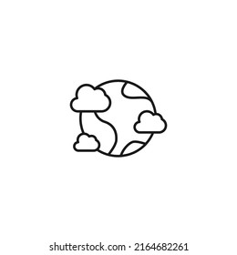 Ecology, nature, eco-friendly concept. Outline symbol drawn with black thin line. Suitable for adverts, packages, stores, web sites. Vector line icon of planet surrounded by clouds 