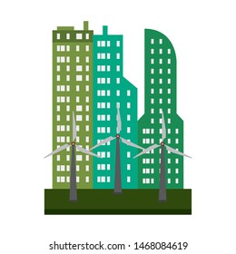 ecology nature environment save, city view with wind turbine energy cartoon vector illustration graphic design