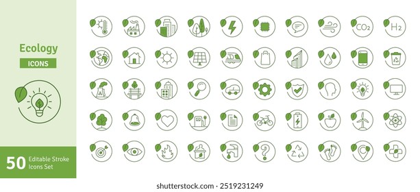 Conjunto de iconos verdes de ecología y Naturaleza. Concepto de Tecnología verde, cambio climático, símbolo de sostenibilidad ambiental en estilo mínimo. Ilustración vectorial de trazo editable. Conjunto de iconos de línea.