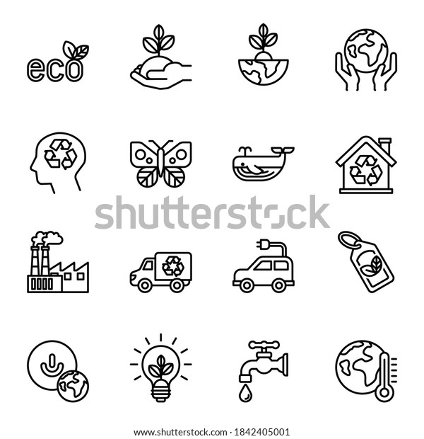 ecology & nature green icons\
set with white background. Thin line style stroke\
vector.