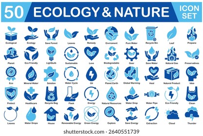 Ecology And Nature Icon Set With Ecological, Save Forest, Leaves, Remedy, Enviroment, Pure Water, Leaf, Propane, Planet, Eco Friendly, Lightbulb, Sustainable, Love, Gear, Eco
