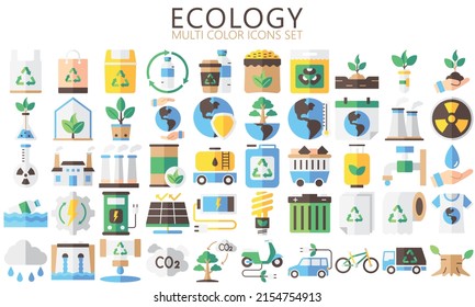 Ecology and Nature multi color Icons set. Contains such as Environment, Eco, Green Energy, Alternative Power, Bio Fuel, Recycle, Green Mindset, Water Drop and more. vector eps 10 ready convert to SVG.