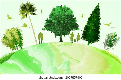 Ecology. Nature and people. Abstract vector illustration of a green composition with trees, birds and people. A sketch for creativity.