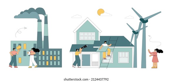 Ecology and nature pollution concept. Harmony between man and nature. Search for alternative solutions for ecology. Vector flat illustration