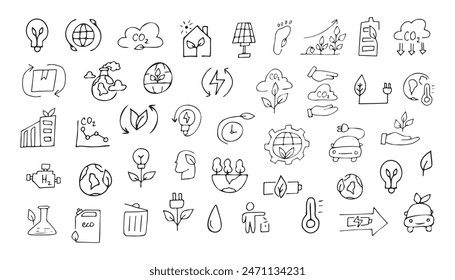 ecology. nature. protection of nature. trees. water. petrol. pack. biodegradable items. preserve nature. environment protection. EPS 10. on a white background. black color. lines. doodle. actual. curr