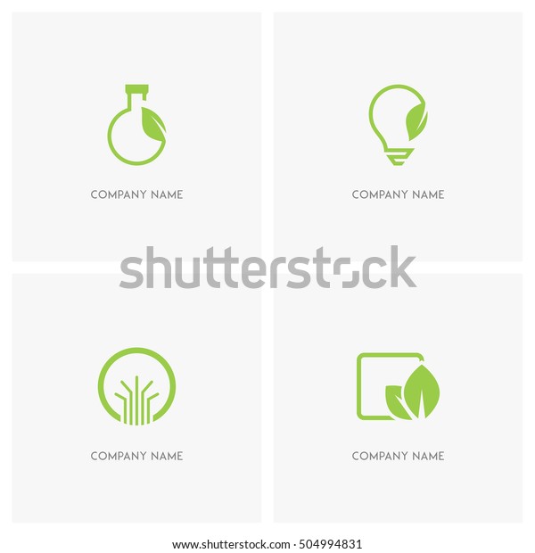 生態学と自然のベクター画像ロゴ 試験管と電球に葉 円に抽象的な木のシンボル 新緑の葉 春 エコ 環境アイコン のベクター画像素材 ロイヤリティフリー